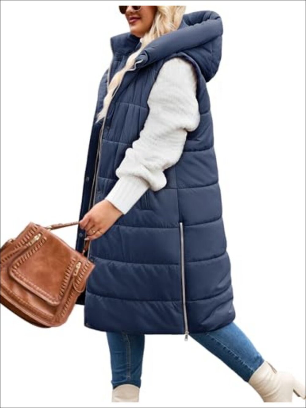 Plus Size Long Puffer Vest with Hood Zip Up Quilted Sleeveless Winter